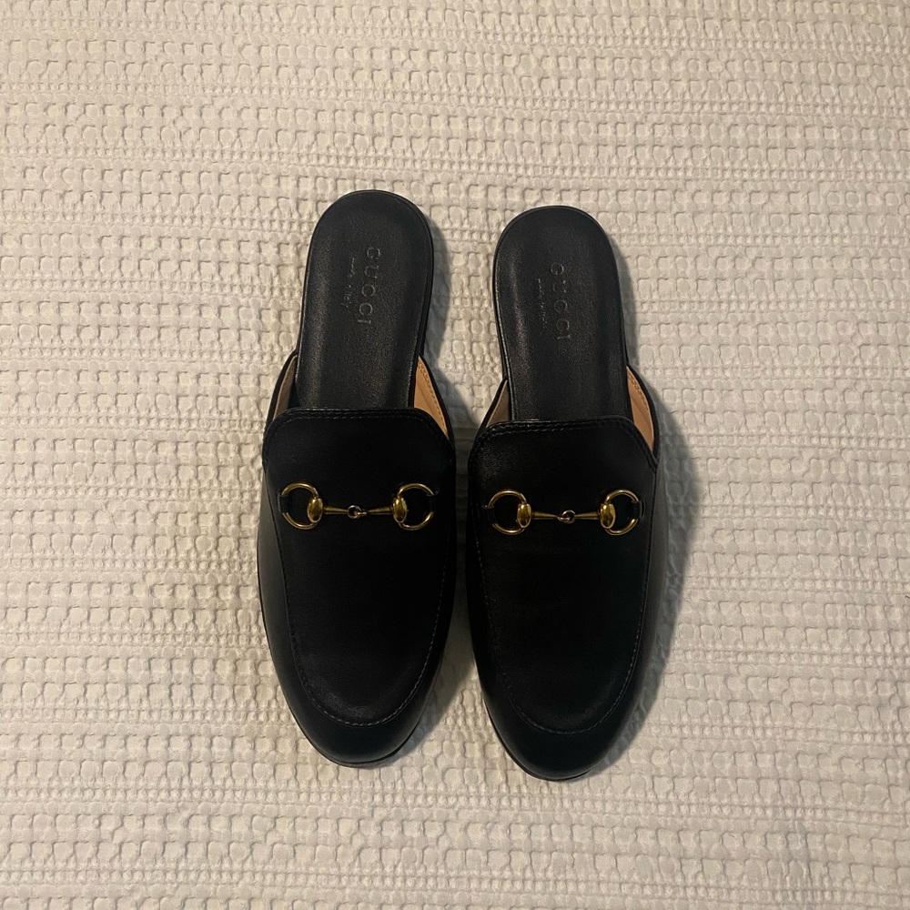 Black Leather Mules with Gold Accents